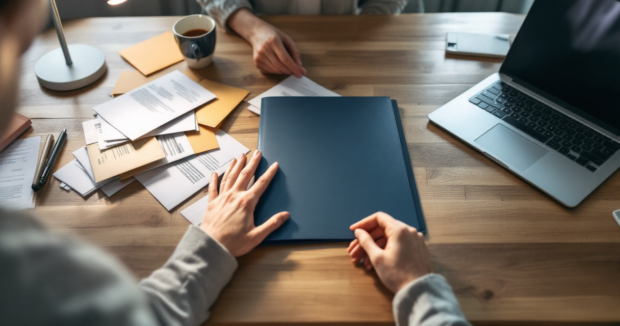Hands organizing scattered loan papers into one dark navy folder on a kitchen table