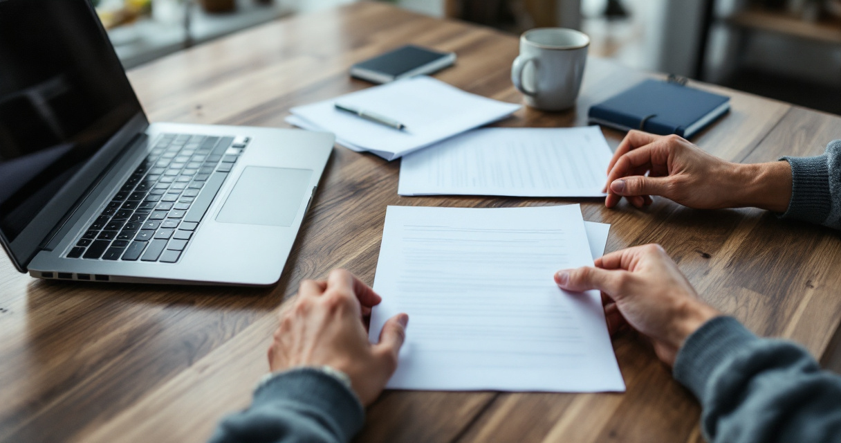 Over‑the‑shoulder view of hands comparing documents with magnifying glass at a tidy desk