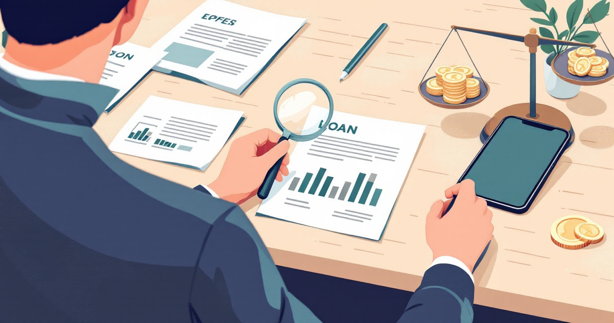 Hands comparing unsecured loan offers with coins, balance scale, and documents on a desk