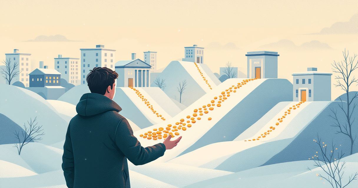 Stylized Finnish cityscape with coins flowing from banks to illustrate loan interest rates