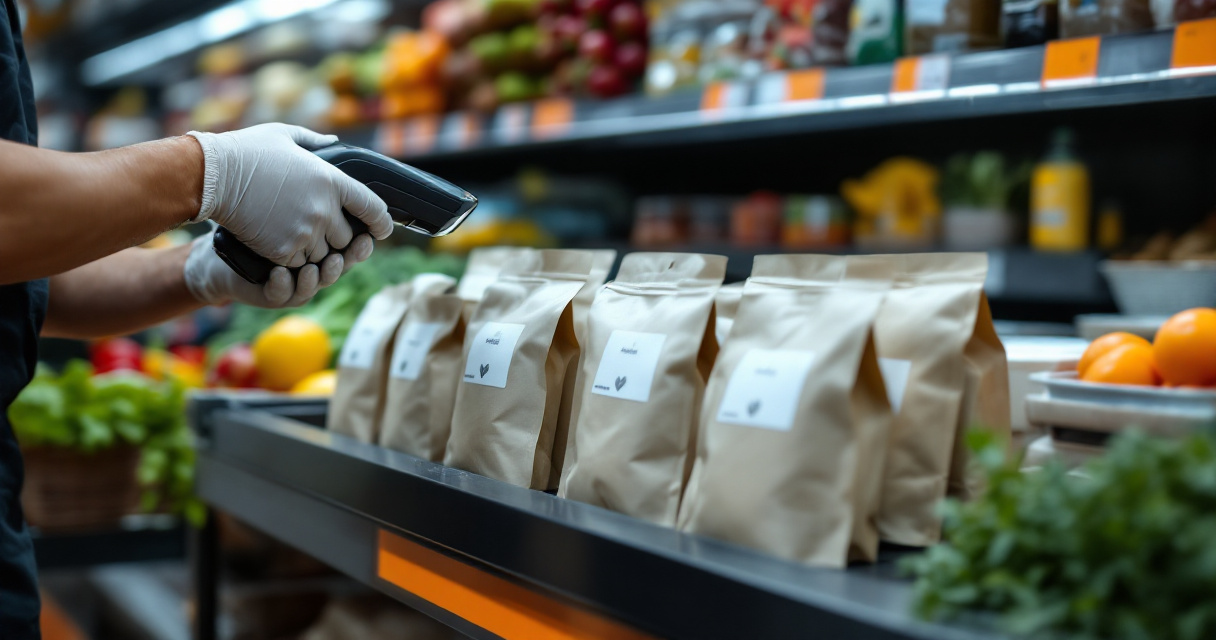 Sustainable flexible packaging checked for traceability and shelf appeal in retail setting
