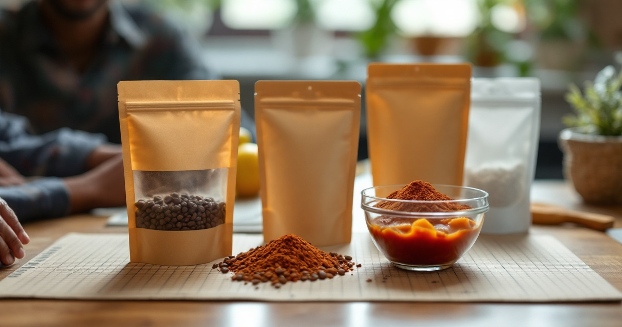 Hands matching Kenyan food products with suitable custom pouch formats