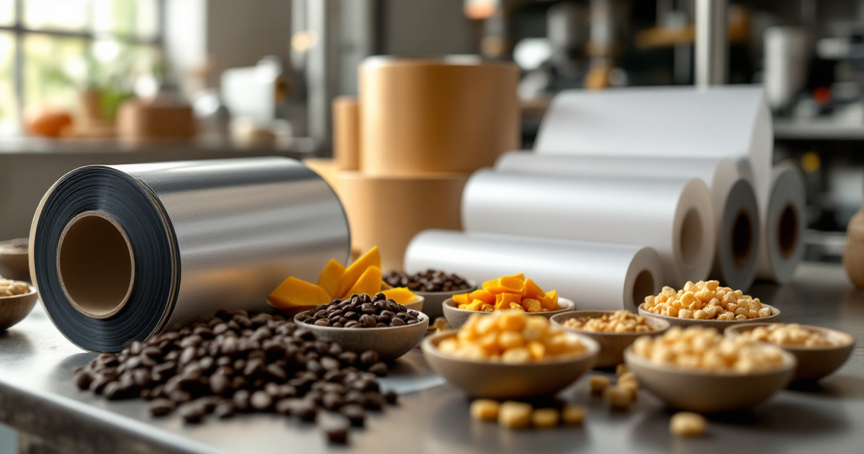 Laminated film reel samples matched with coffee, dried fruit, and snack products