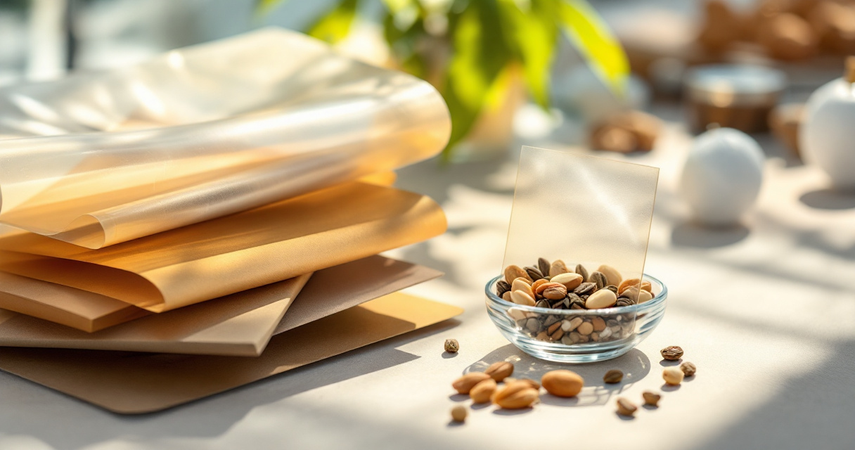 Flexible packaging material samples balancing sustainability, protection, and shelf appeal