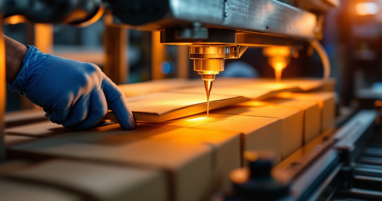 Operator adjusting hot melt adhesive pattern on corrugated cartons in a packaging line