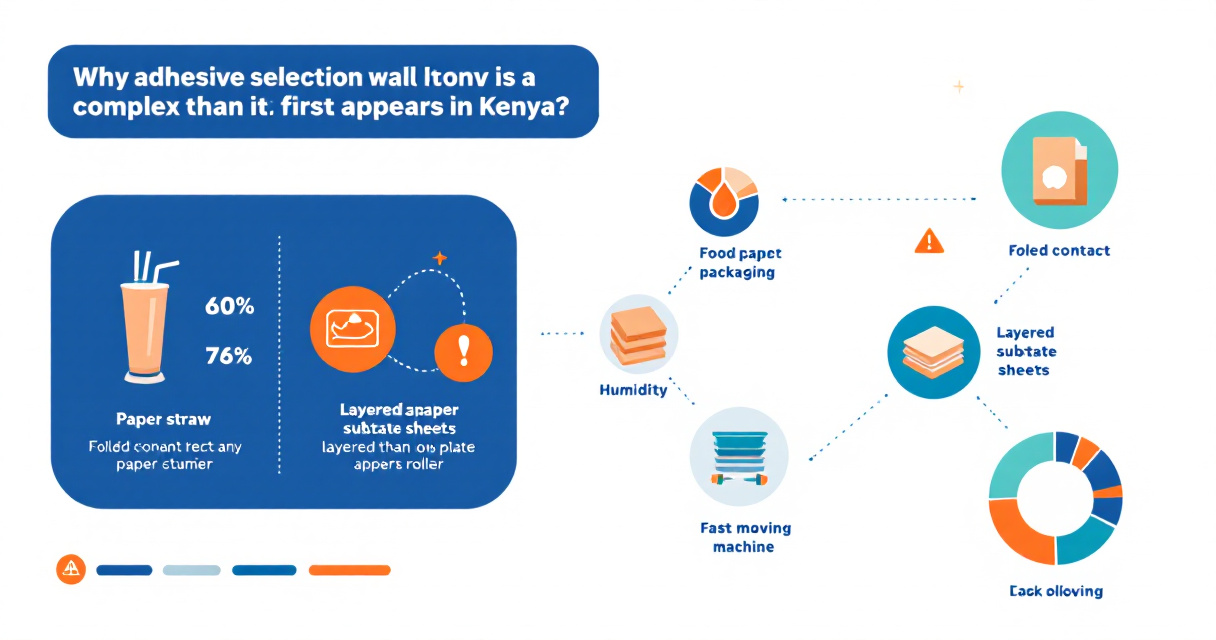 Infographic showing how to choose adhesive for paper straws and paper packaging using icons for substrate, food safety, humidity, machine speed, testing, and cost tradeoffs.