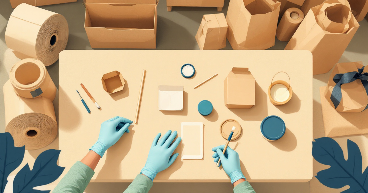 Gloved hands inspecting adhesive and paper straws on a packaging quality-check table