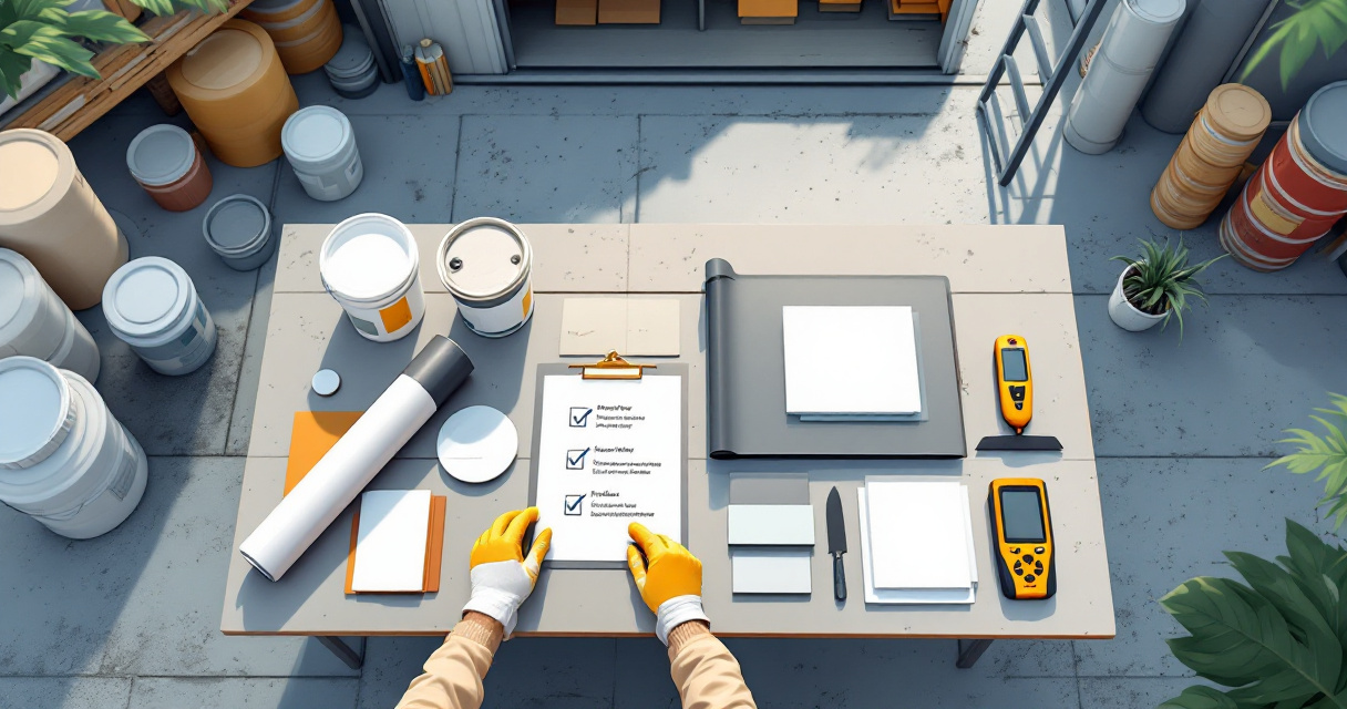 Illustration of buyers comparing concrete roof waterproofing materials in an industrial supply setting