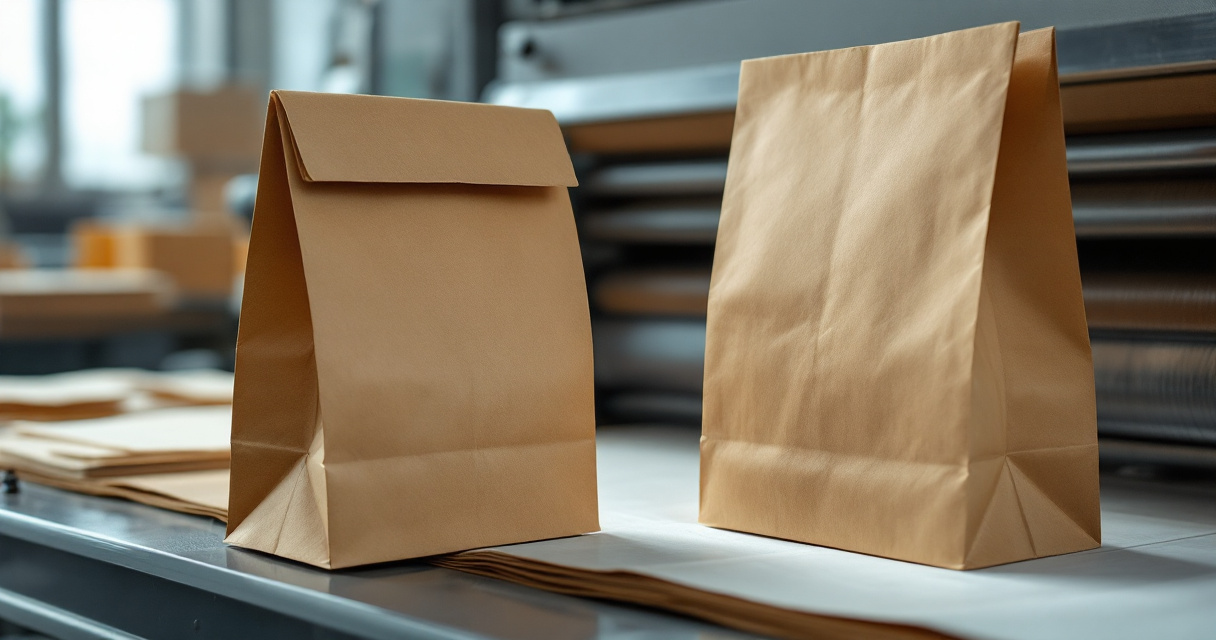 Cold glue being applied to kraft paper bags on a production line