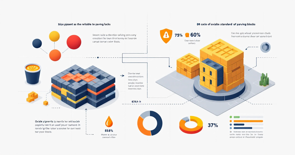 Infographic showing colored paving block pigments, mixing process, dosage control, production steps, defect prevention, and project-based color selection.