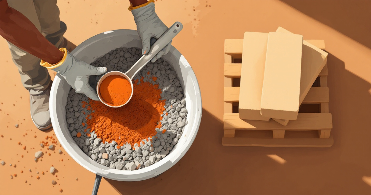Measured red oxide being added to a paving block mix in a Kenyan workshop