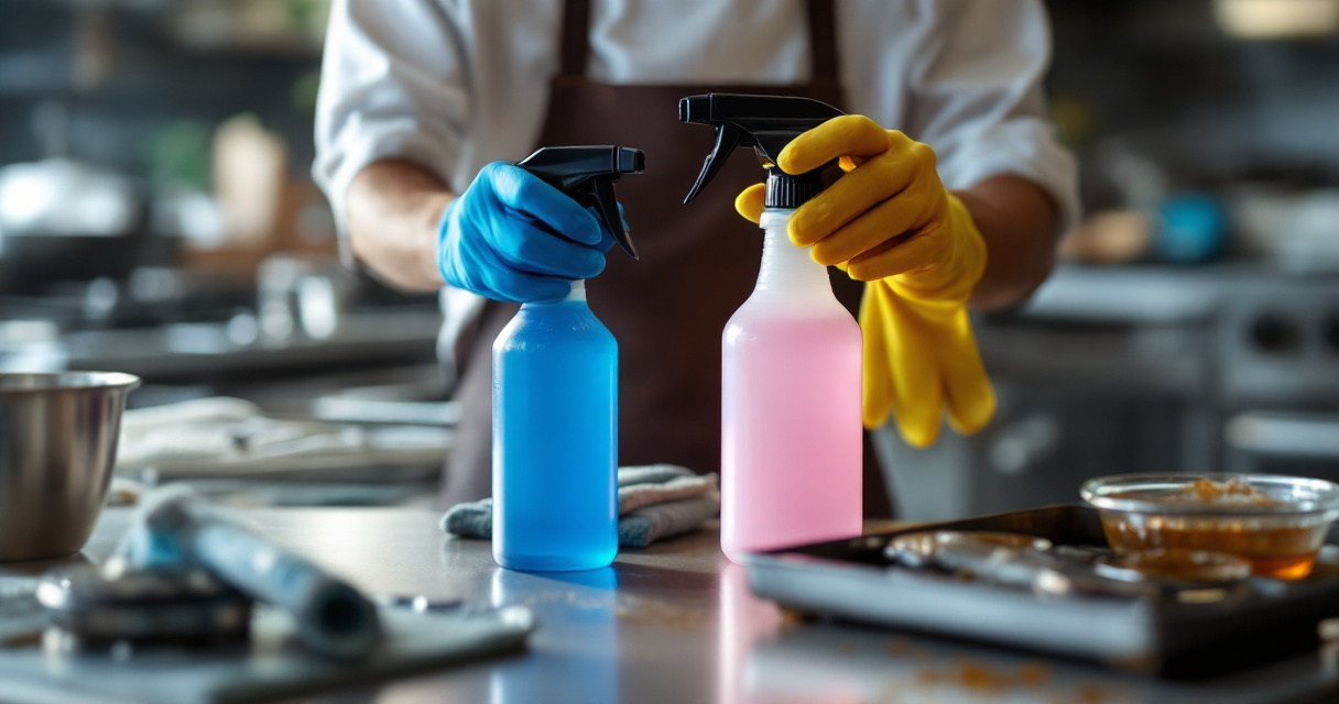 Hands comparing degreaser options on a stainless counter in a Kenyan hotel kitchen