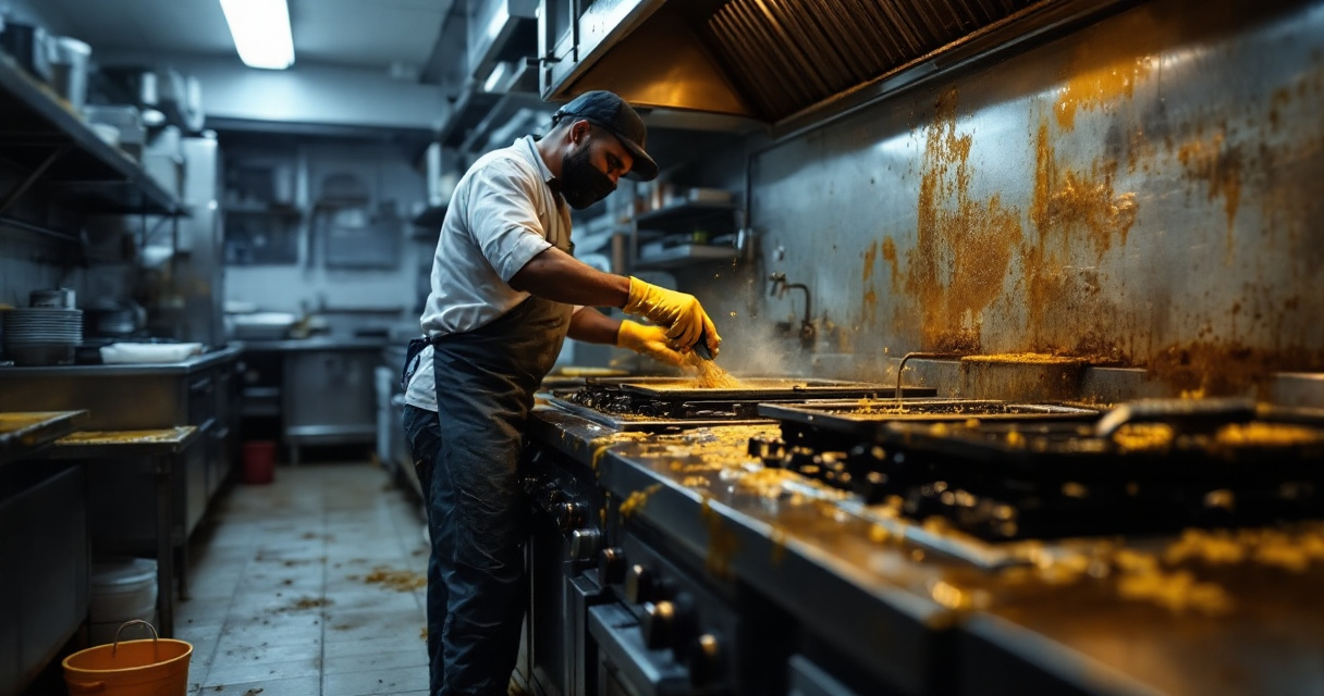 Grease buildup under fryer, burners, and hood in a Kenyan commercial kitchen