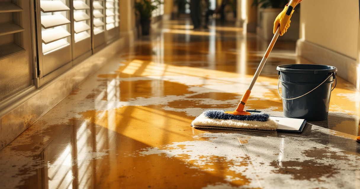 Patchy old floor polish buildup showing when stripping is needed instead of cleaning