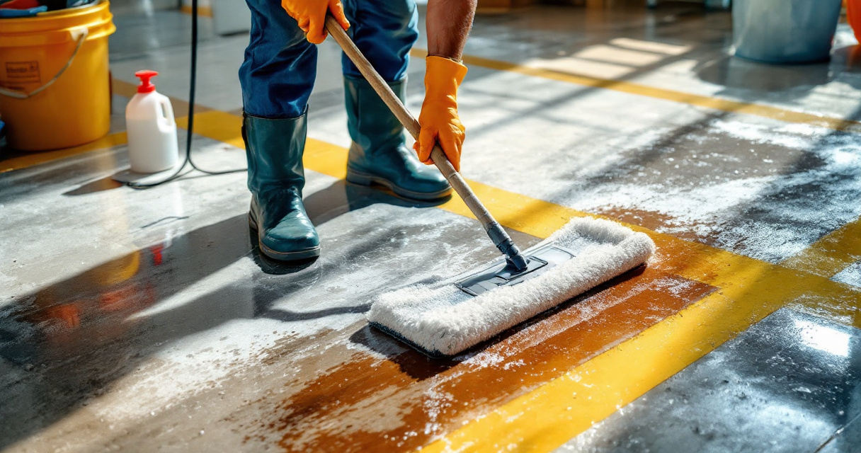 Worker applying commercial floor stripper safely with gloves, mop, and controlled wet area