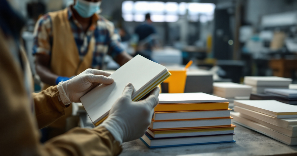 Printer and technician reviewing clean perfect-bound books in a Kenyan workshop