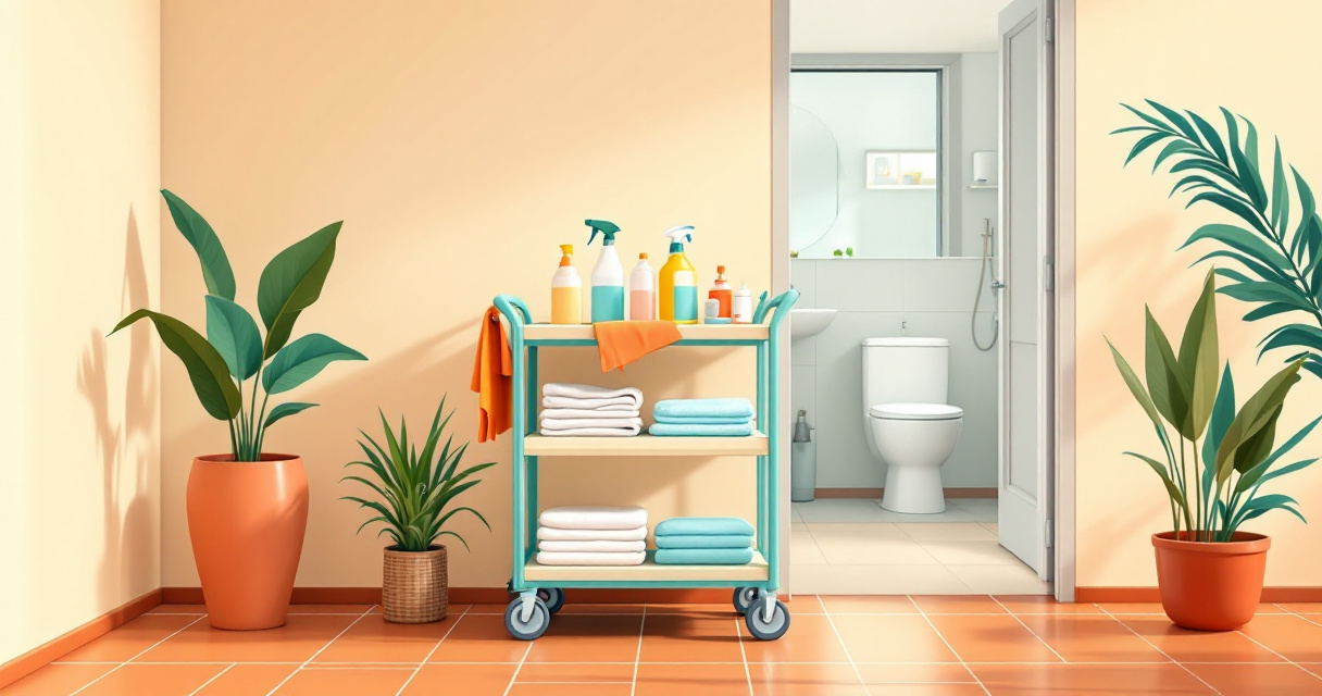 Housekeeping cart organized by room area in a Kenyan hotel corridor