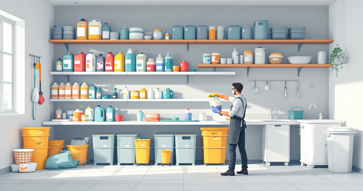 Organized hotel chemical storage room with protective gear and spill-control setup