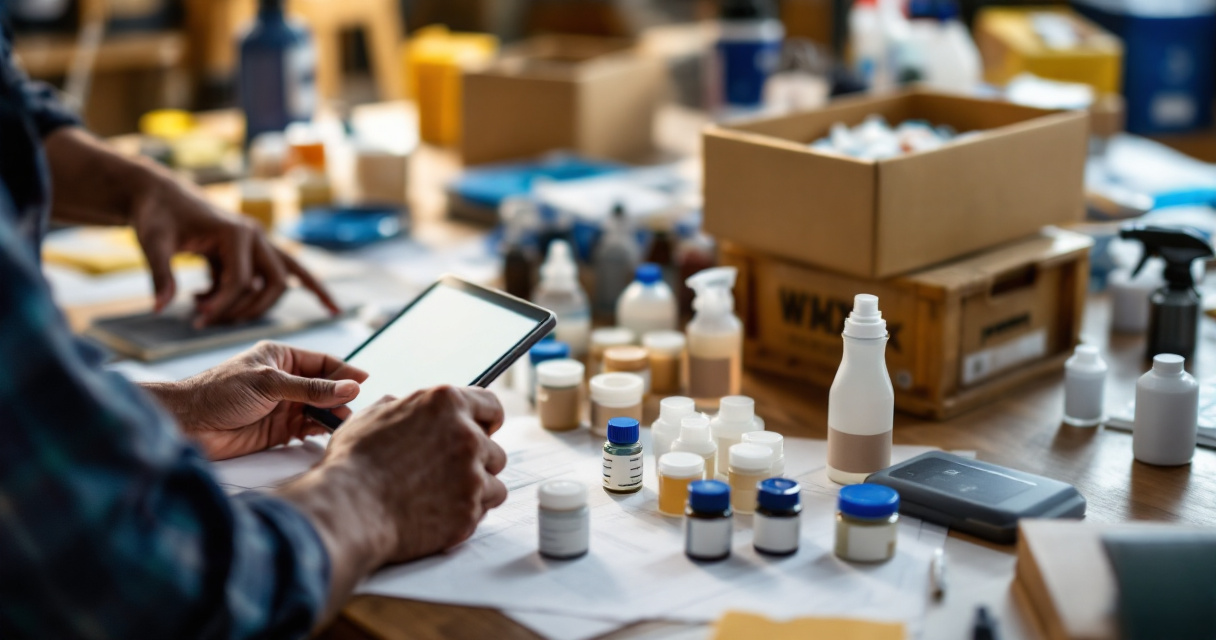 Hands organizing chemical product categories to build a smarter distributor stock mix