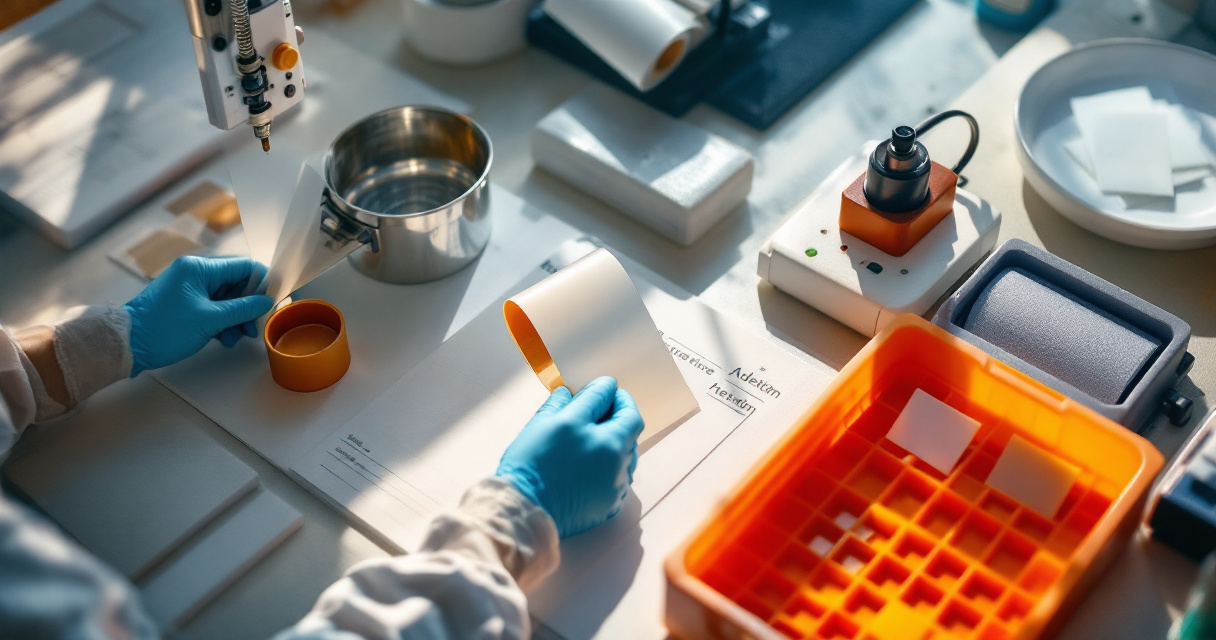 Factory lab testing adhesive bond strength on laminated packaging samples