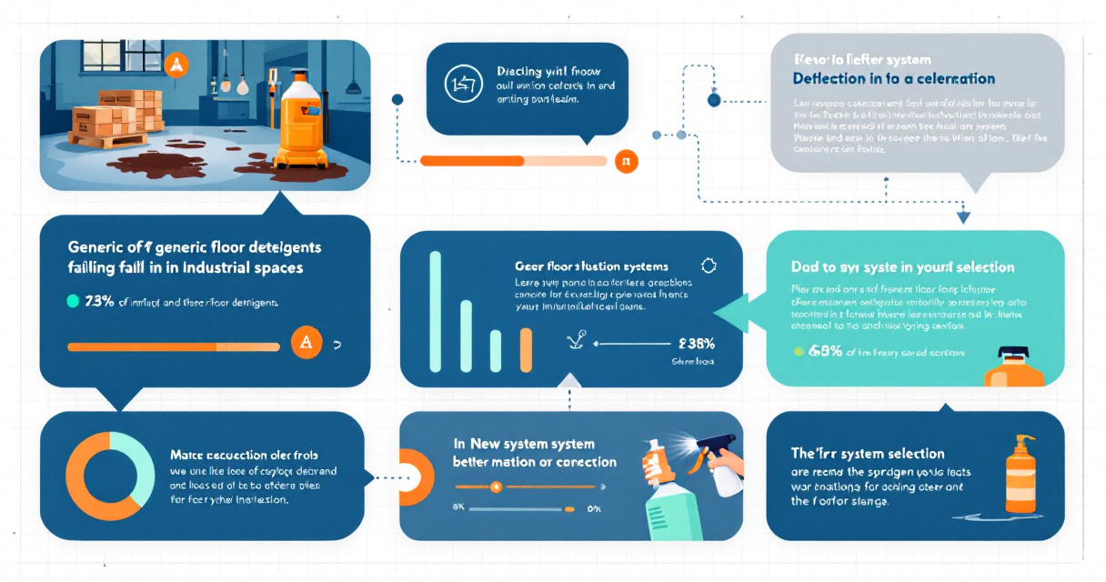 Infographic showing how factories and warehouses choose industrial floor cleaning systems using a central decision hub, manual versus auto-scrubber comparison, sector-specific floor needs, buying checklist, and safety training icons.