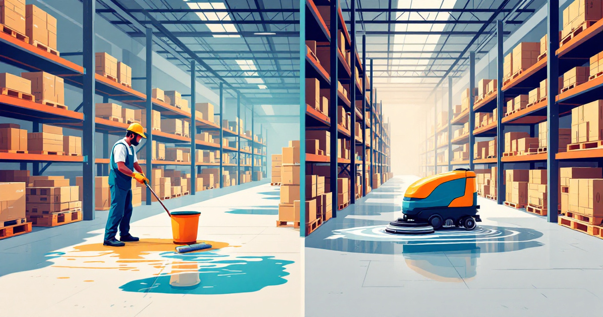 Manual mopping compared with auto-scrubber cleaning on a warehouse concrete floor