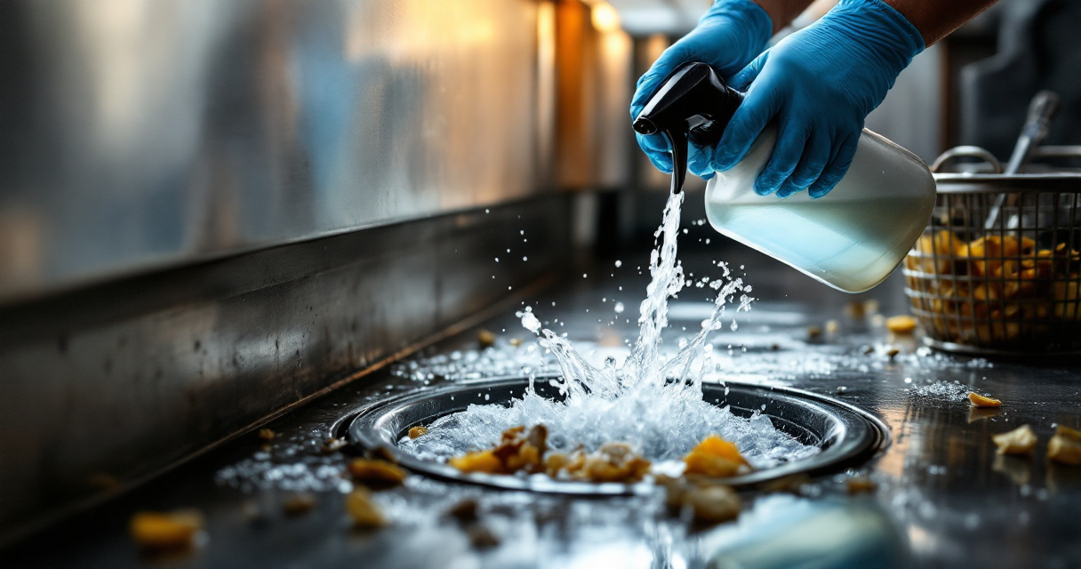 Drain cleaner being applied to a greasy floor drain in a busy commercial kitchen