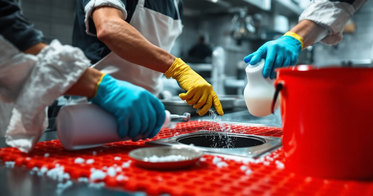 Commercial kitchen staff safely using drain cleaner with gloves and clear workspace