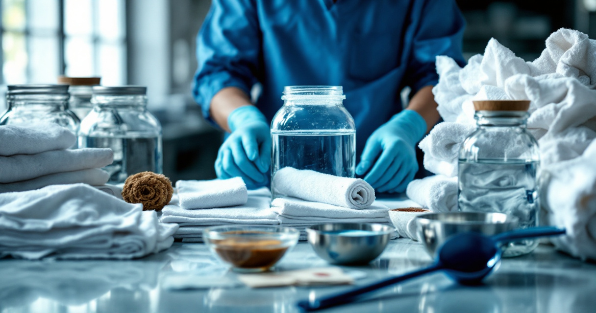 Fabric swatches, water samples, and stain testing for hospital and hotel laundry chemical selection