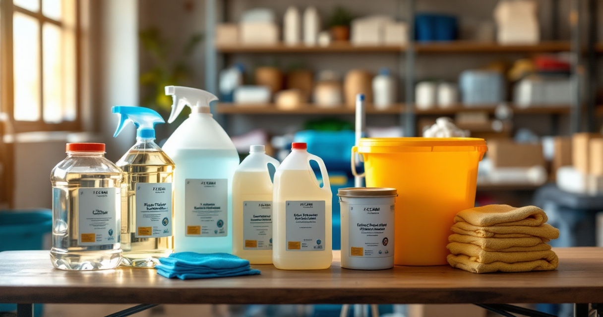 Grouped institutional cleaning chemicals and tools in a Kenyan facility storeroom