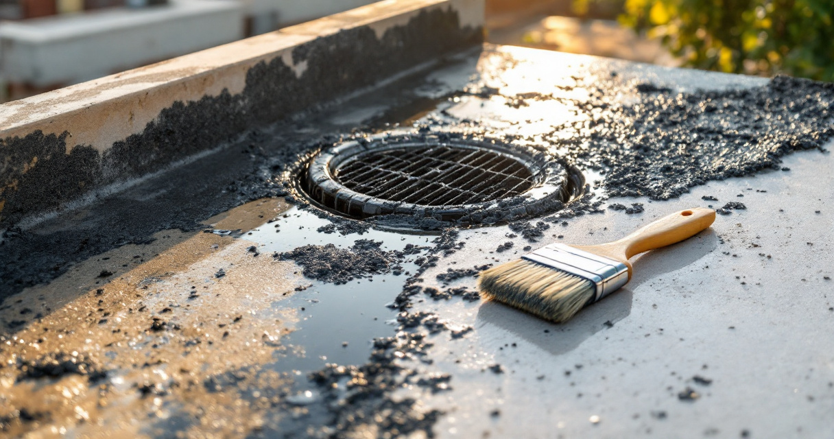 Patchy waterproofing membrane coverage with brush mistakes near edges, corner, and drain