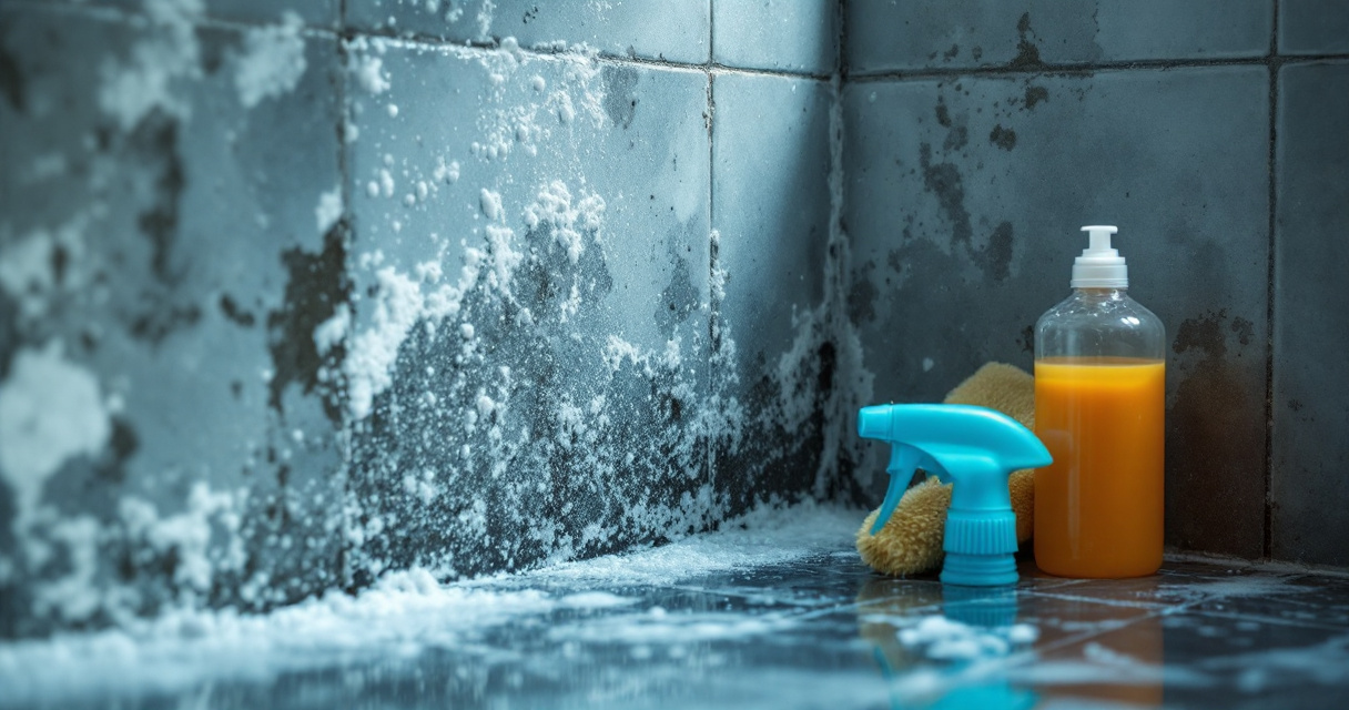 Humid bathroom corner with soap buildup, damp towel, and moisture trapped in tile grout
