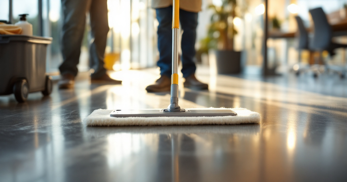 Professional floor-care program with polished office floor and cleaning tools in Kenya