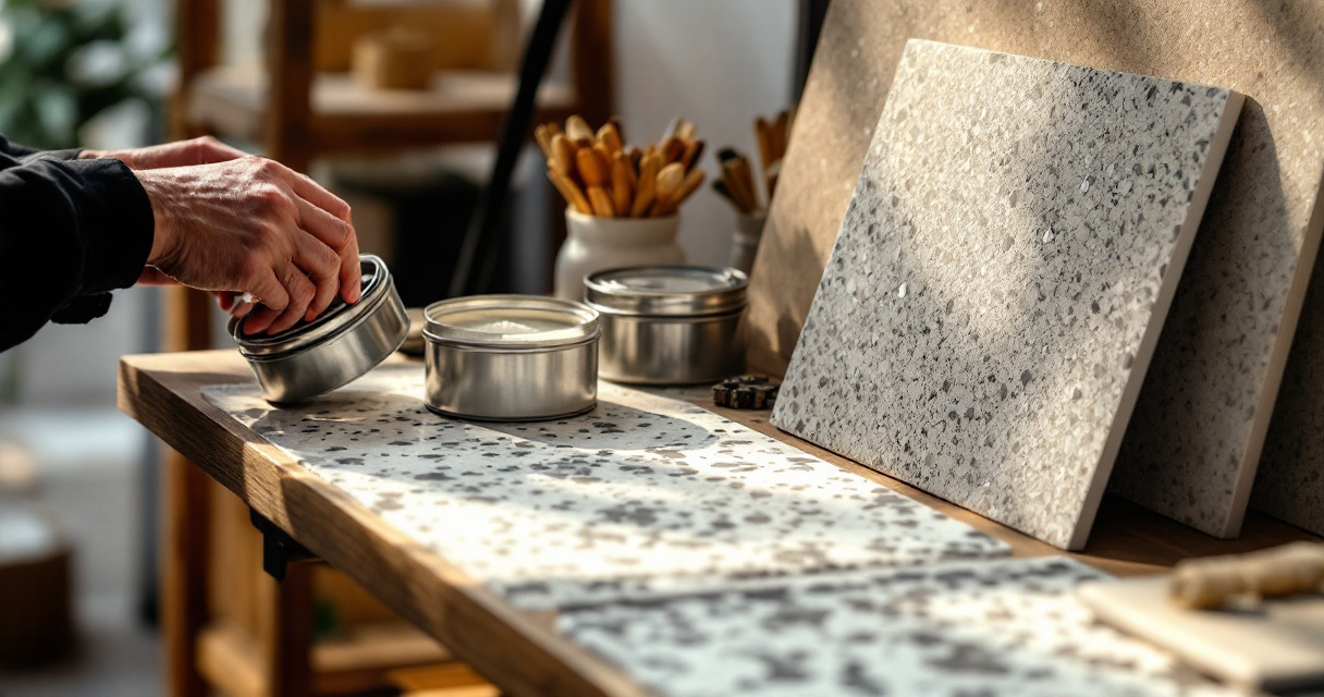 Hands comparing terrazzo polish options and sample tiles in a Kenyan showroom