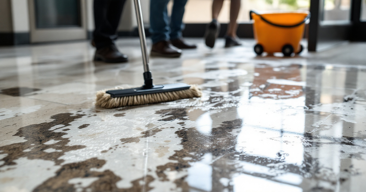 Damaged terrazzo floor showing streaks, scratches, and poor polishing mistakes