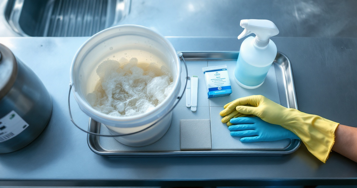 Hospital grout cleaner setup comparing specialty product with basic detergent on tiled samples