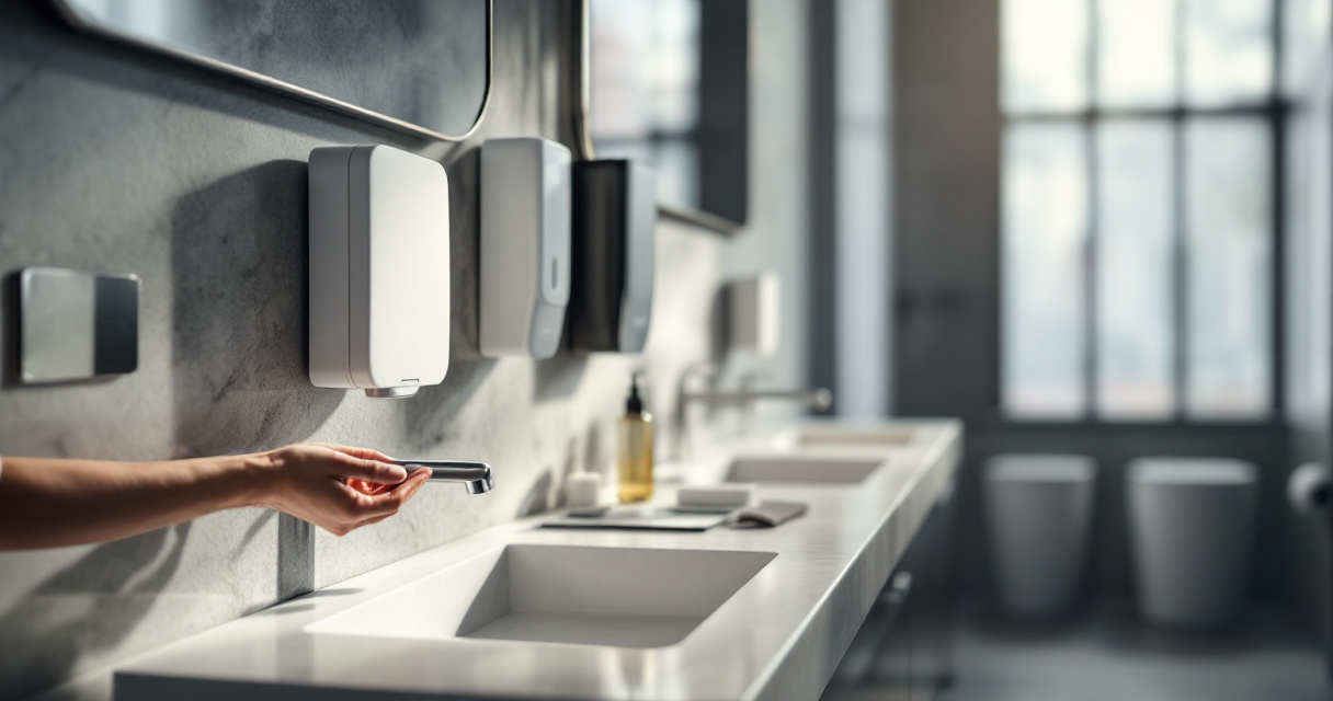 Facility supervisor comparing commercial washroom air freshener systems in a modern Kenyan office washroom