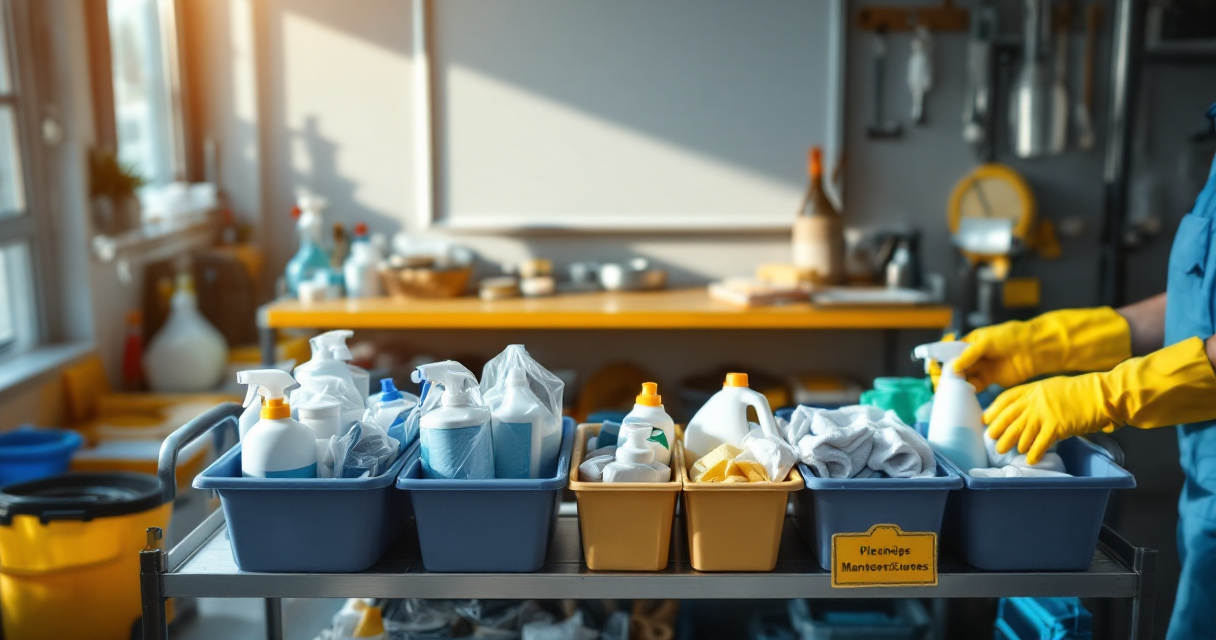 Organized janitorial stockroom with air freshener refills and hygiene supplies for commercial facility planning