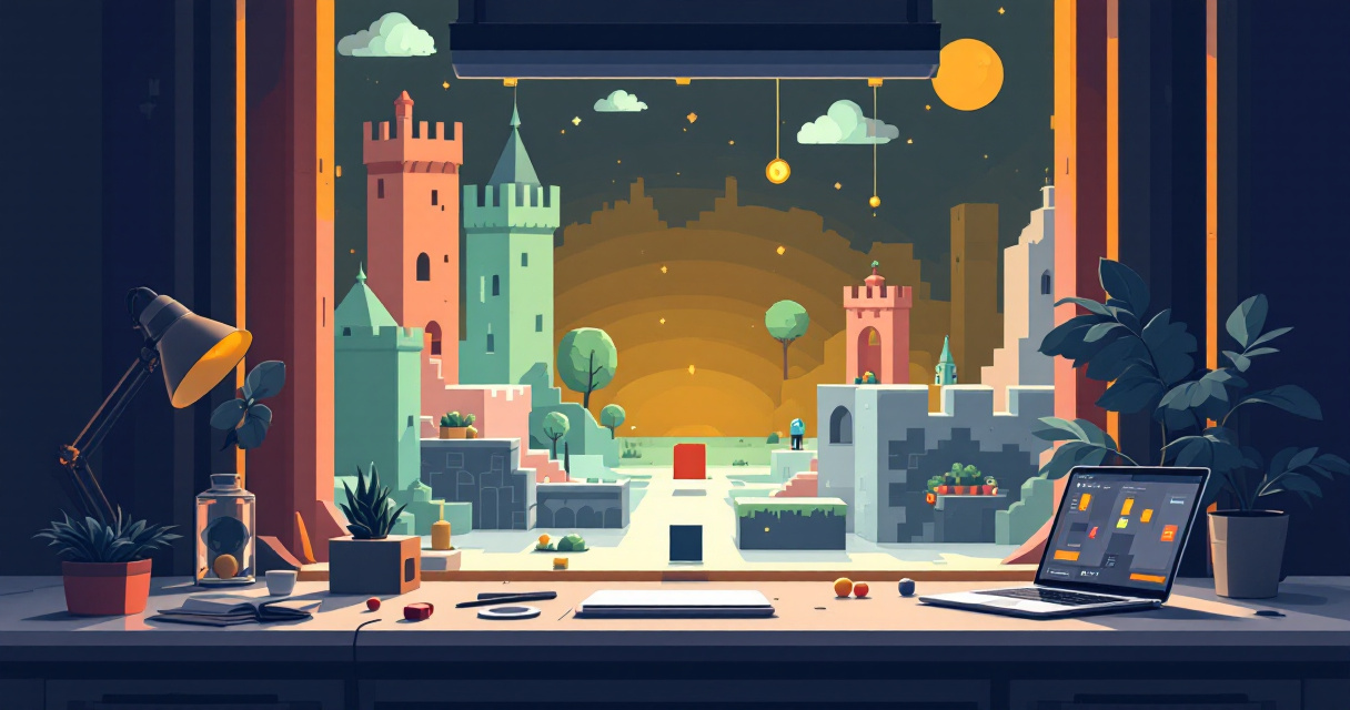 Small 2D game prototype scene with simple level elements and a visual node editor