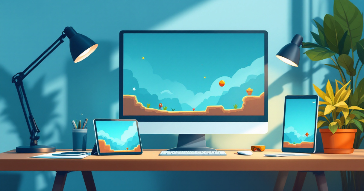 Creator testing one 2D game project across desktop tablet and phone before final polish