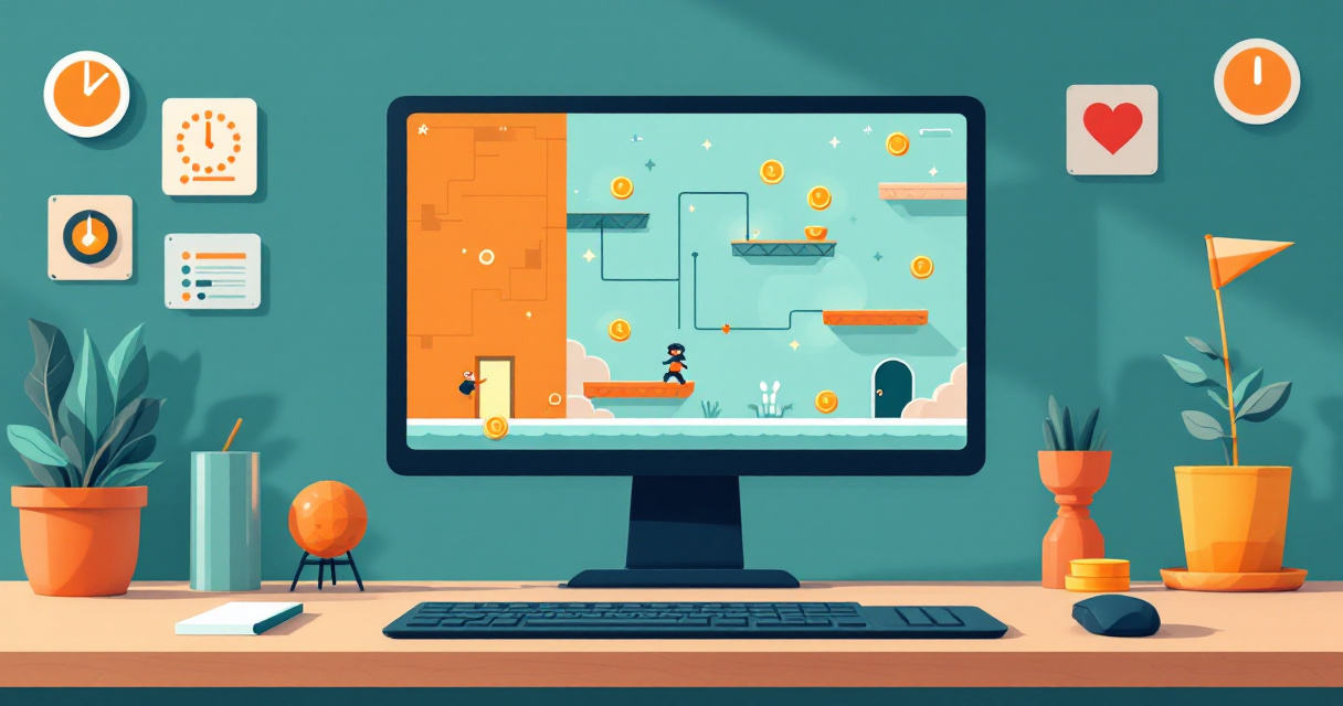 Editorial illustration of beginner 2D game systems built with visual scripting nodes