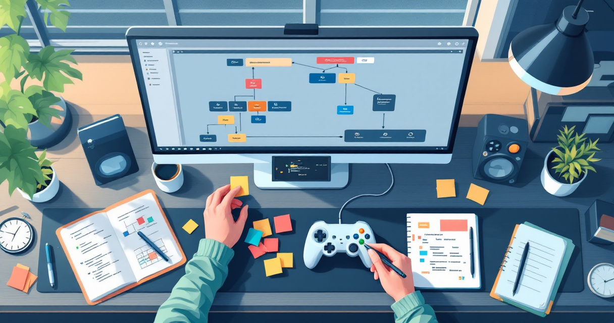 Top-down illustration of an organized visual scripting workflow for beginner 2D game design