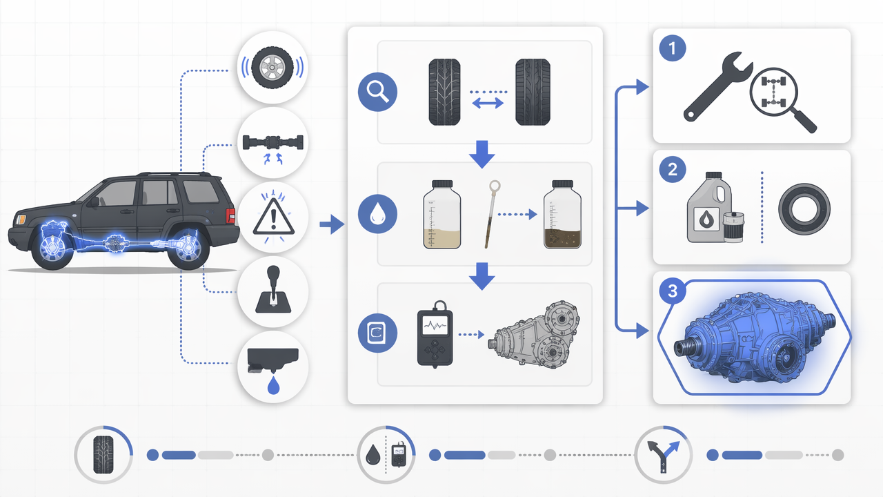 Infographic showing common 2005 Jeep Grand Cherokee transfer case symptoms, driveway checks, and safe repair steps.