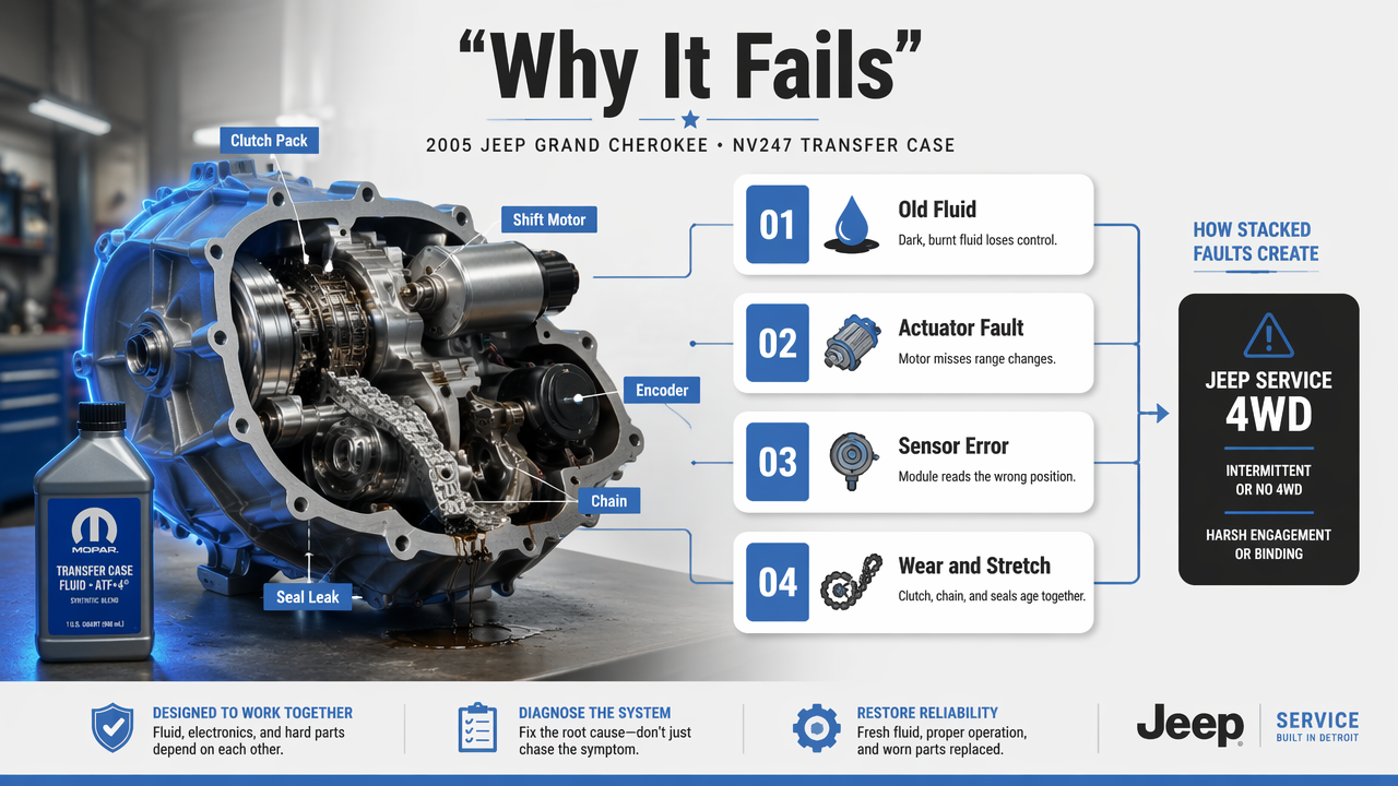 Annotated transfer case cross-section showing common causes of Jeep WK transfer case problems