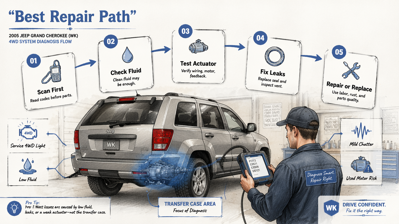 Diagnostic flow chart for choosing the right Jeep transfer case repair path