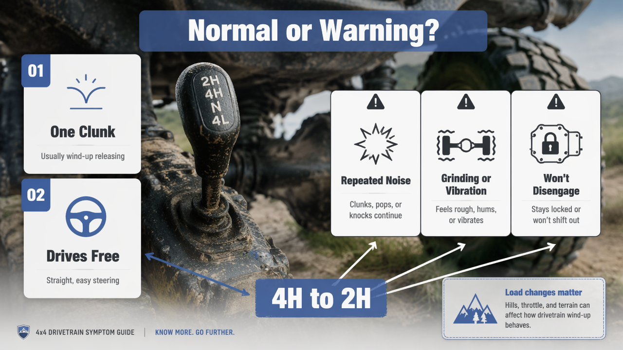 Infographic comparing a normal one-time clunk with warning symptoms after shifting from 4H to 2H.