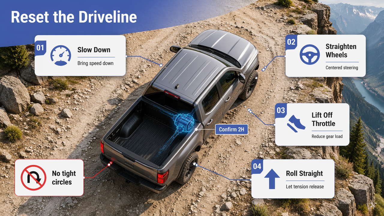 Annotated offroad scene showing the steps to safely unload the drivetrain after a clunk.
