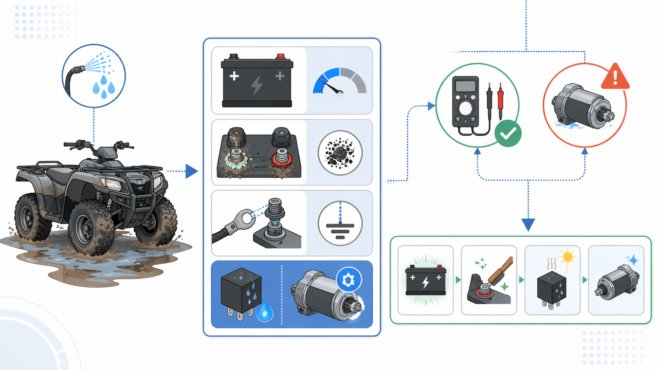 Infographic showing an ATV after mud and washing, leading into a diagnostic flow of battery, terminals, ground, relay, and starter checks.
