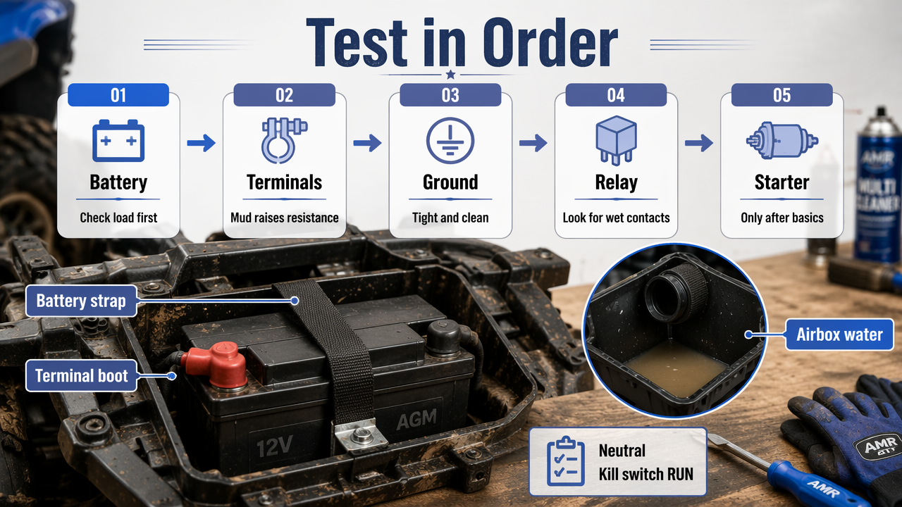 Infographic showing the safe ATV no-start test order after mud: battery, terminals, ground, relay, starter.