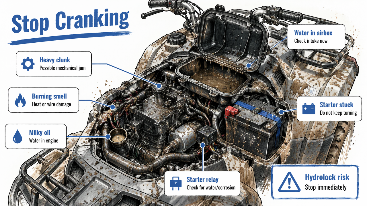 Annotated ATV engine bay warning signs that mean cranking should stop immediately, including water, smoke, and milky oil.